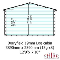 Technical schematic showing internal height and width measurements for Shire Berryfield 13x8 19mm log cabin