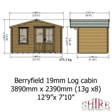 Dimension diagram showing front elevation and side profile measurements for Shire Berryfield 13x8 log cabin