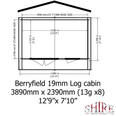 Floor plan blueprint showing base size of 3890mm x 2390mm (12ft 9in x 7ft 10in) for Shire Berryfield log cabin