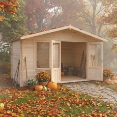 Shire Berryfield 13x8 log cabin with open doors set in an autumn garden scene
