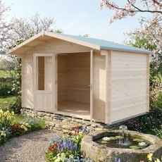 Shire Berryfield 13x8 log cabin set in a garden with stone pathway and fountain