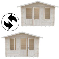 Reversible layout diagram showing left and right door-window configurations for Shire Berryfield 13x8 log cabin