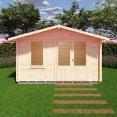 Front view 3D render of Shire Berryfield 13x8 timber log cabin with closed double doors