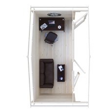 Top-down interior floor plan showing couch and office desk setup inside Shire Berryfield 13x6 log cabin