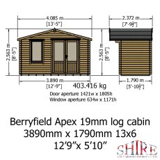 Dimension diagram showing front elevation and side profile height measurements for Shire Berryfield 13x6 log cabin