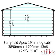 Technical schematic showing internal height and width dimensions for Shire Berryfield 13x6 19mm log cabin