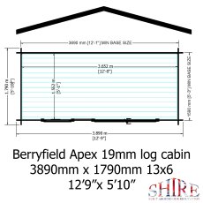 Floor plan blueprint showing base size of 3890mm x 1790mm (12ft 9in x 5ft 10in) for Shire Berryfield log cabin