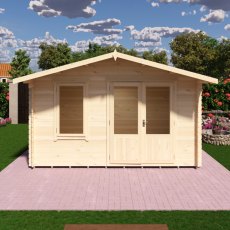 Front exterior 3D render of Shire Berryfield 13x6 log cabin with closed double doors