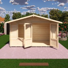 Front 3D render showing wide open double doors of Shire Berryfield 13x6 log cabin
