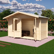 Side angle 3D render showing open doors and interior of Shire Berryfield 13x6 log cabin