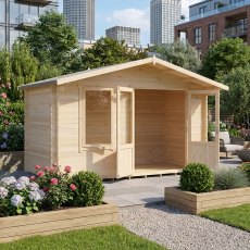 Shire Berryfield 13x6 timber garden office log cabin on a paved patio background