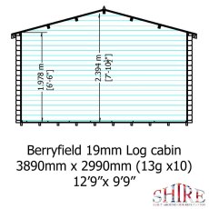 Technical schematic showing internal height and width measurements for Shire Berryfield 13x10 19mm log cabin