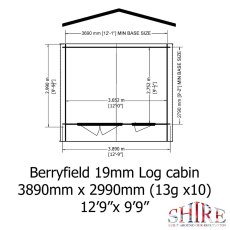Floor plan blueprint showing base size of 3890mm x 2990mm (12ft 9in x 9ft 9in) for Shire Berryfield log cabin