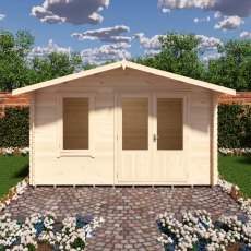 Front view 3D render of Shire Berryfield 13x10 log cabin with closed double doors