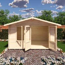 Front 3D render showing wide open double doors of Shire Berryfield 13x10 log cabin