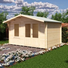 Side view 3D render of Shire Berryfield 13x10 timber log cabin on green lawn