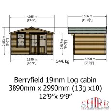 Dimension diagram showing front elevation and side profile measurements for Shire Berryfield 13x10 log cabin