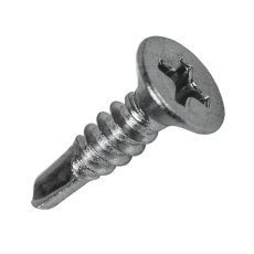 A close-up isolated view of a self-tapping countersunk stainless steel screw with a Phillips head, designed for securing composite decking clips.