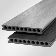 Two stacked Shire GigaShield composite decking boards showing hollow circular channels and dual Grey and Dark Grey finishes.