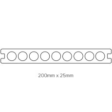 Technical cross-section diagram of Shire GigaShield composite decking board showing 200mm x 25mm dimensions.