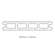 Technical cross-section diagram of Shire Light-Neo composite decking board showing 150mm x 25mm dimensions.