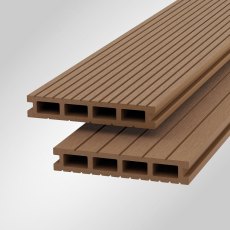 Two stacked Shire Light-Neo composite decking boards in Gold showing rectangular hollow channels and grooved surface.