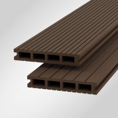 Two stacked Shire Light-Neo composite decking boards in Brown showing rectangular hollow channels and grooved surface.