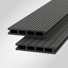 Two stacked Shire Light-Neo composite decking boards in Smoke showing rectangular hollow channels and grooved surface.