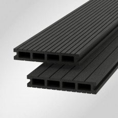 Two stacked Shire Light-Neo composite decking boards in Dark Grey showing rectangular hollow channels and grooved surface. Detailed: