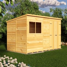Angled side exterior view of Shire 10x6 shiplap pent wooden garden shed