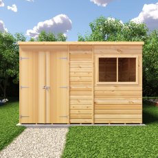 Straight-on front view of Shire 10x6 shiplap pent timber shed in garden setting