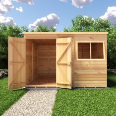 Front view of Shire 10x6 wooden pent shed with double doors wide open on stone pathway