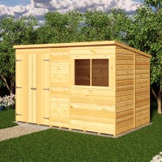 Shire 10x6 shiplap pent garden shed exterior with doors and windows closed