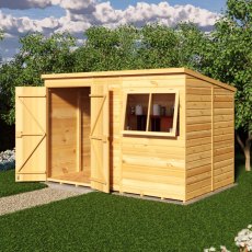 Shire 10x6 shiplap pent wooden garden shed with open double doors and open window