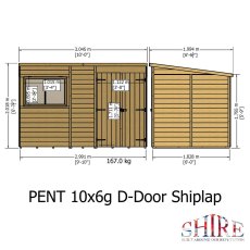 Front elevation schematic diagram with dimensions for Shire 10x6 double door pent shed