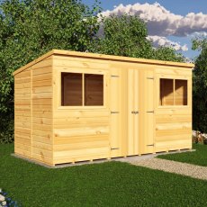 Angled side view of Shire 12x6 shiplap pent timber shed in outdoor garden