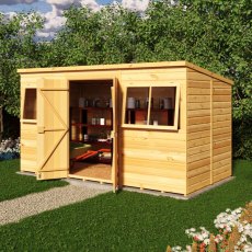 Shire 12x6 shiplap pent shed with open double doors and open windows in garden
