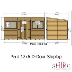 Front elevation architectural diagram with measurements for Shire 12x6 double door pent shed