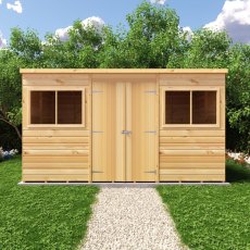 Front exterior view of Shire 12x6 wooden pent shed with double doors closed