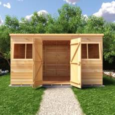 Front view of Shire 12x6 shiplap pent garden shed with double doors wide open