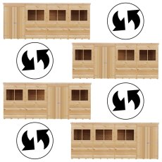 Modular door and window panel layout options for Shire 16x6 shiplap pent shed