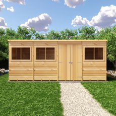 Straight-on front view of Shire 16x6 shiplap pent timber shed with double doors and windows