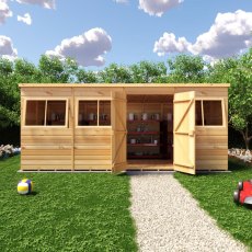 Front view of Shire 16x6 wooden pent shed with double doors open on stone pathway