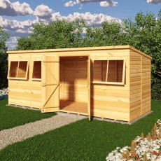 Shire 16x6 shiplap pent shed with open double doors and windows set up in garden