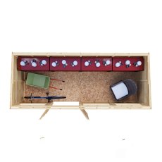 Top-down aerial floor plan layout of Shire 16x6 wooden garden shed interior storage