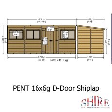 Front elevation architectural drawing with dimensions for Shire 16x6 double door pent shed