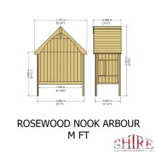 Technical dimension diagram displaying imperial and metric measurements for the Shire Rosewood Nook Arbour.