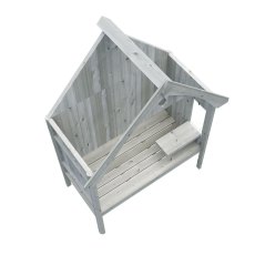 High-angle render of the Shire Rosewood wooden arbour seat showing the pitched apex roof and bench structure.