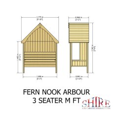 Technical dimension diagram displaying exterior height and width measurements for the 3-seater Shire Fernook arbour.