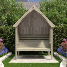 Straight-on front view of the Shire Fernook 3-seater wooden arbour bench with apex roof design.